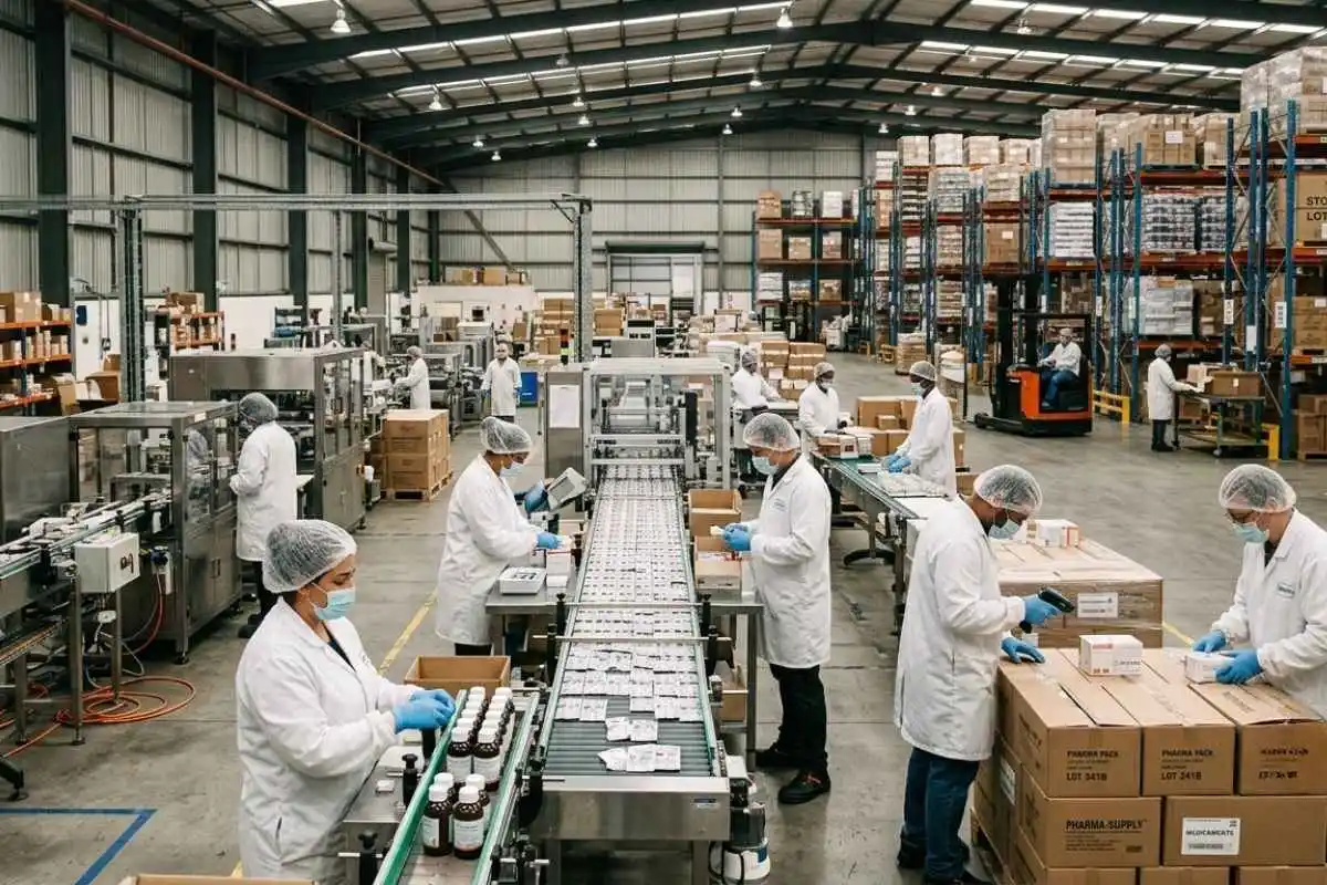 Ligne de production pharmaceutique dans un site industriel avec stockage de marchandises sensibles à la température