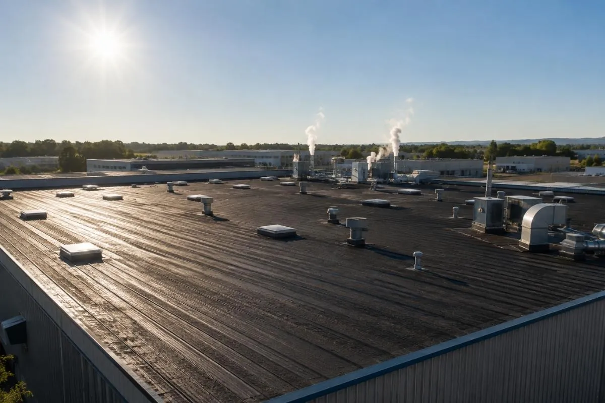 Toiture d'un bâtiment industriel sombre avant application du revêtement réflectif Cooltech