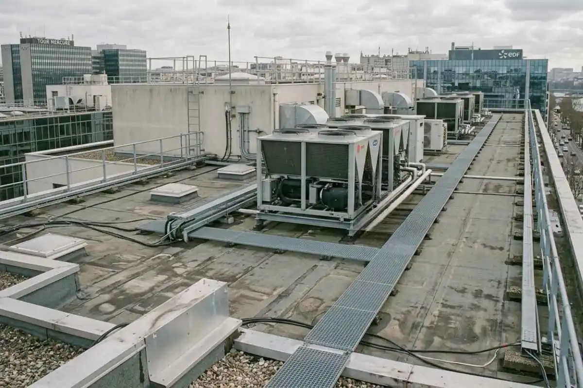 Unités de climatisation sur le toit d'un immeuble de bureaux à Paris, illustrant la surchauffe des toitures tertiaires
